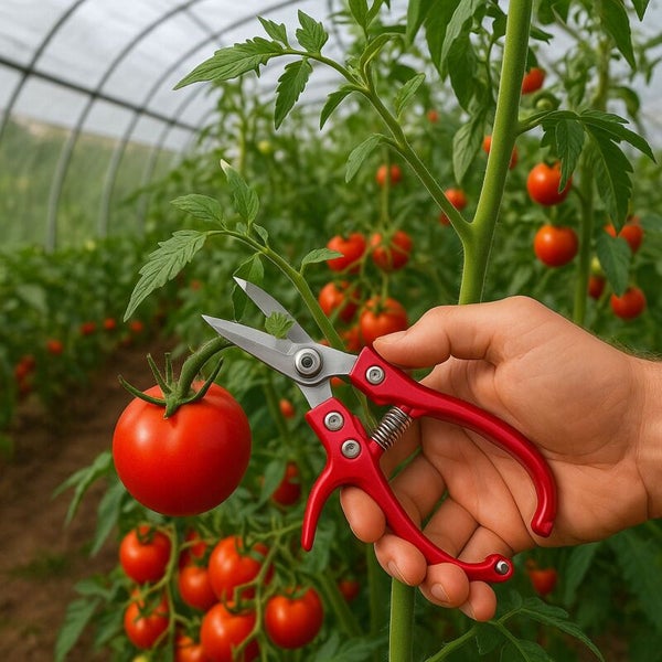 Eine Hand schneidet mit einer Gartenschere eine Tomate im Gewächshaus.