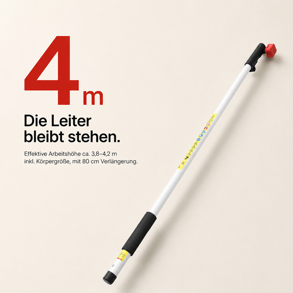 Teleskopstiel für eine Arbeitshöhe von circa 4 Metern inklusive 80 Zentimeter Verlängerung, ermöglicht sicheres Arbeiten ohne Leiter.