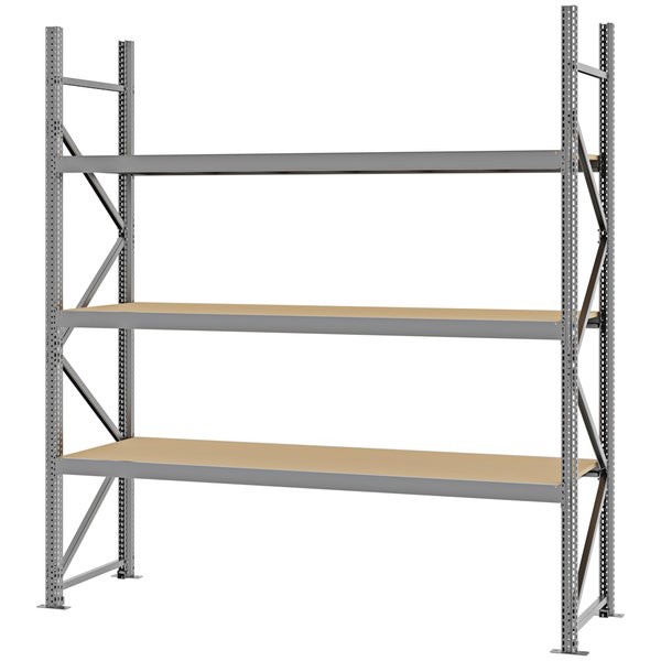 Robustes Weitspannregal aus Metall mit drei Holz-Fachböden für Lager und Werkstatt.