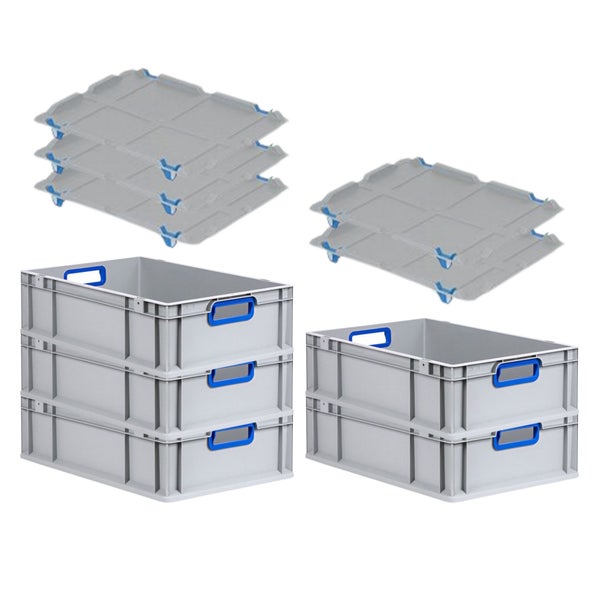 PROREGAL Spar Set 5x Eurobox Nextgen Color Mit Auflagedeckel & Schiebeschnappverschlüsse HxBxT 17 x 40 x 60 cm Griffe Blau Offen Glatter Boden