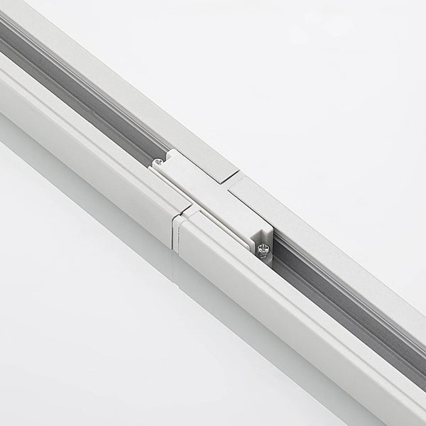 Weißer Schienenverbinder zur Verbindung von zwei Stromschienen für Schienensysteme.