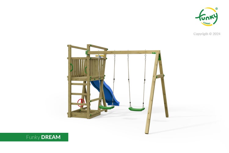 Spielturm aus Holz Funky Combo Dream mit Doppelschaukel, blauer Rutsche, Leiter, rotem Lenkrad, Sandkasten und Funky Combo Logo