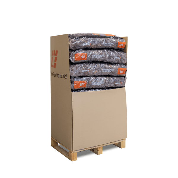 galamio Pinienrinde 60 Liter Säcke auf einer Palette mit Kartonumrandung.