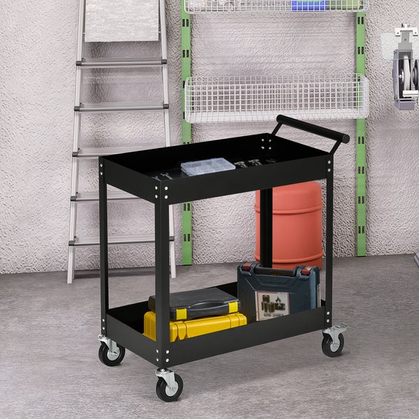 DURHAND Werkstattwagen mit 2 Etagen, Werkzeugwagen leer, Transportwagen, seitlicher Griff, 4 Rollen, Stahl, bis 150 kg Tragkraft, 84,5 x 38 x 84 cm, Schwarz