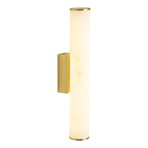 Moderne Wandleuchte in zylindrischer Form mit alabasterartigem Glasdiffusor und metallischer Wandhalterung.