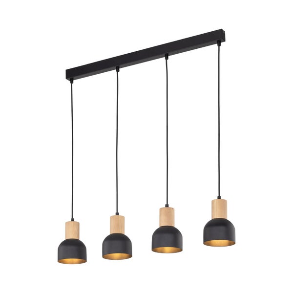 Pendelleuchte mit vier Lampen aus Metall und Holz