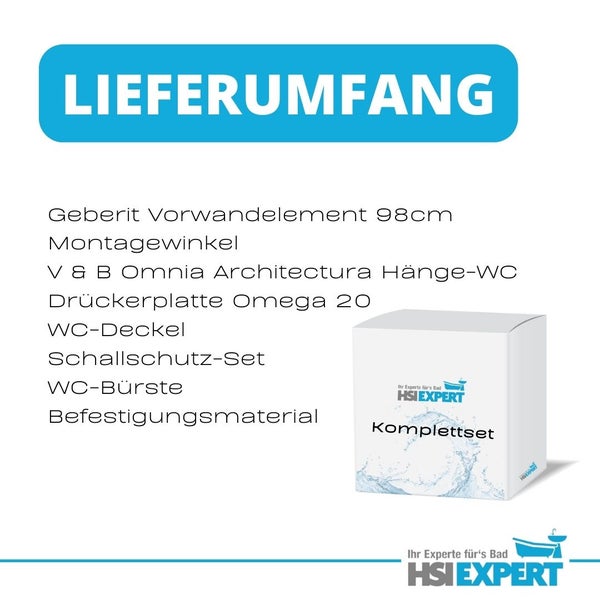 Lieferumfang mit Geberit Vorwandelement 98 Zentimeter, Montagewinkel, V und B Omnia Architectura Hänge WC, Drückerplatte Omega 20, WC Deckel, Schallschutz Set, WC Bürste und Befestigungsmaterial