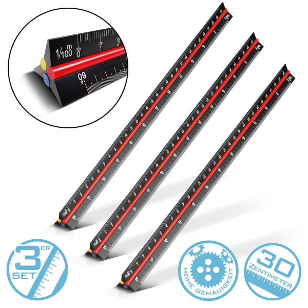 Dreikantlineal 30 Zentimeter, schwarz, mit verschiedenen Reduktionsmaßstäben für technische Zeichnungen.
