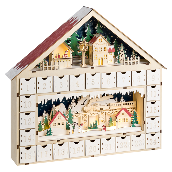 Holz Adventskalender mit Winterdorf Motiv und 24 Schubladen