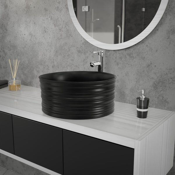 ML-Design Waschbecken Keramik Schwarz matt Ø 41x18 cm Rund inkl. Ablaufgarnitur, Moderne Aufsatzwaschbecken, Design Waschtisch Aufsatz-Waschschale Waschplatz Handwaschbecken, für Badezimmer / Gäste-WC