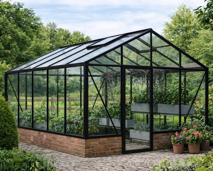 Gewächshaus mit schwarzem Metallrahmen und Glasscheiben auf einem Backsteinsockel, mit Pflanzen und Hängeblumen in einem Garten.