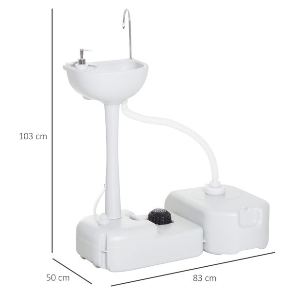 Mobiles Camping-Waschbecken mit Fußpumpe, Seifenspender und Wasserhahn. Maße: Höhe 103 Zentimeter, Breite 83 Zentimeter, Tiefe 50 Zentimeter.