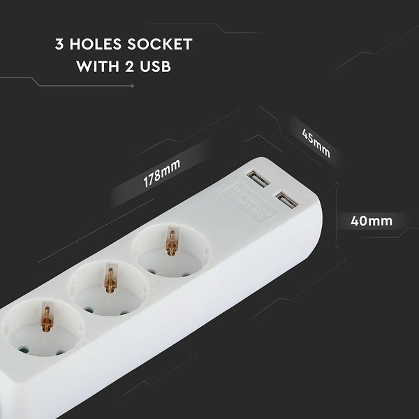 Weiße Steckdosenleiste mit 3 Steckplätzen und 2 USB-Anschlüssen. Länge 178 Millimeter, Breite 45 Millimeter, Höhe 40 Millimeter.