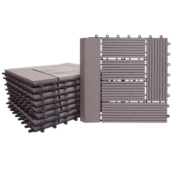 Graue Terrassenfliese aus Holz-Kunststoff-Verbundwerkstoff mit Klicksystem, geriffelte Oberfläche, quadratisch, Fliesenstapel.
