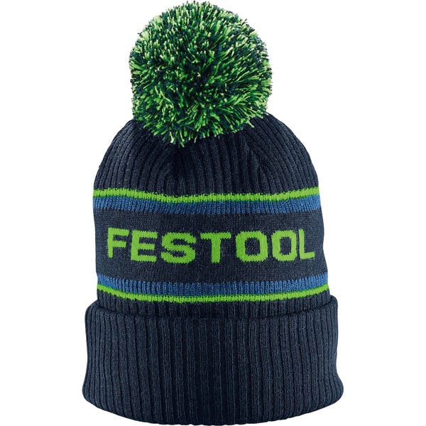 Dunkelblaue Strickmütze mit Festool Logo, Streifen und Bommel.