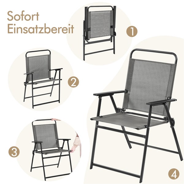 Klappbarer Gartenstuhl mit Armlehnen in vier verschiedenen Ansichten