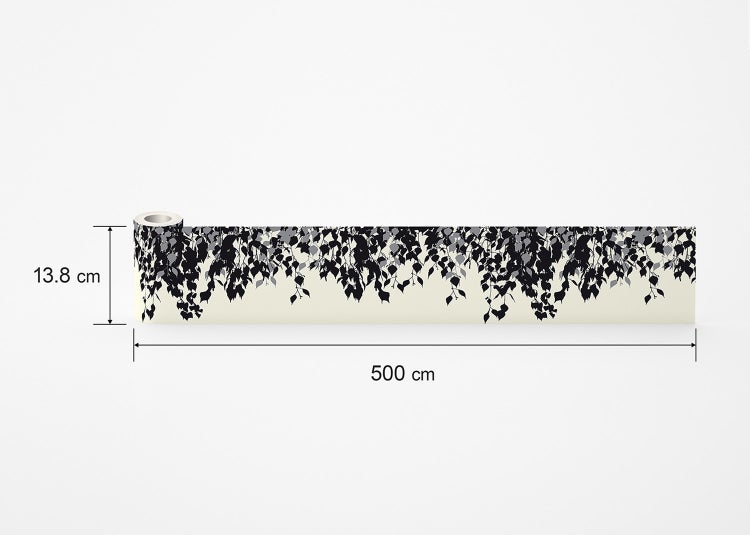 Tapetenbordüre mit herabhängendem Blättermuster, Maße 13,8 Zentimeter mal 500 Zentimeter.