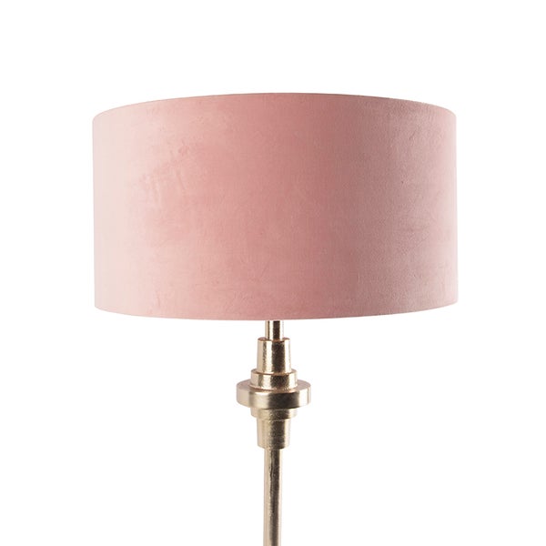 Stehlampe mit rosa Stoffschirm und goldenem Gestell