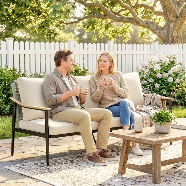 Zwei Personen sitzen auf einem Gartensofa auf einer Terrasse mit Holztisch vor einem Zaun.