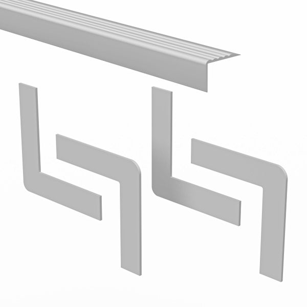Treppenstufenprofil aus Metall mit geriffelter Oberfläche inklusive Eckverbindern für eine sichere Treppenkantenverkleidung.