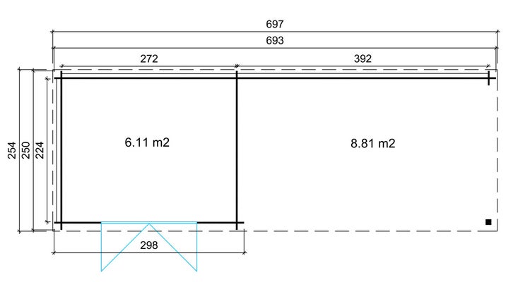 Grundrisszeichnung des Gartenhauses mit Flächenangaben in Quadratmetern und Abmessungen in Zentimetern