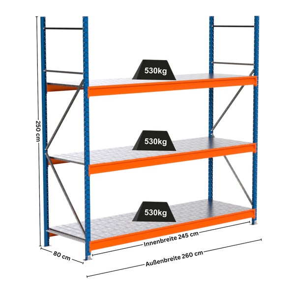 Lagerregal mit drei Ebenen, Abmessungen und Traglast 530 Kilogramm