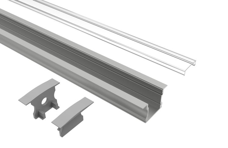 TIVENDIS Led Alu Profil 2 m EH Komplett Set für Strip / Streifen bis 12 mm breit | Abdeckung transparent klar, Endkappen |  Einbau Fußleisten Flachprofil eloxiert