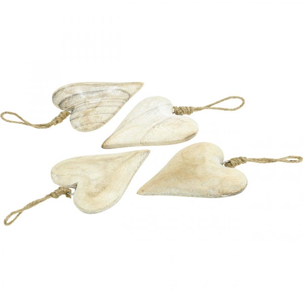 Vier Holzherzen mit Juteschnur zum Aufhängen