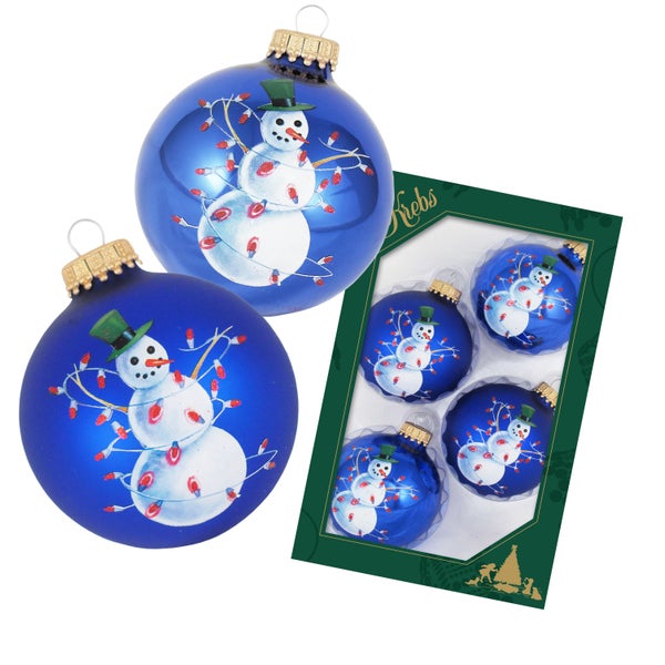Blau glanz/matt 7cm Glaskugeln mit Schneemannmotiv, 4 Stck., Weihnachtsbaumkugeln, Christbaumschmuck, Weihnachtsbaumanhänger