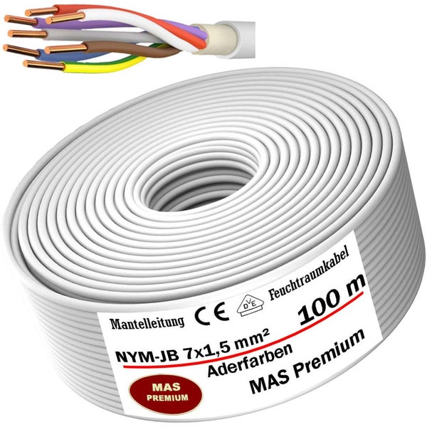 Mantelleitung NYM-J 7x1,5 mm² Feuchtraumkabel als 100 Meter Ring, inklusive Detailansicht des Kabelaufbaus mit sieben Adern.