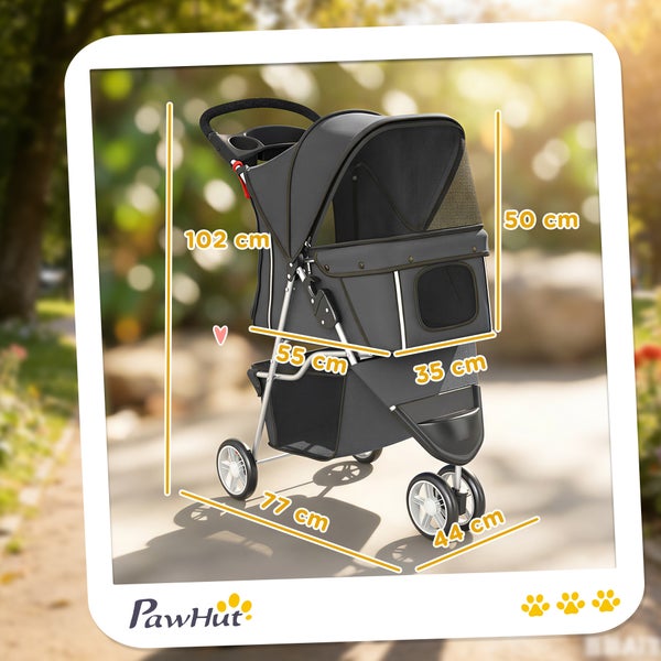 PawHut Hundebuggy mit Maßen: Höhe 102 Zentimeter, Länge 77 Zentimeter, Breite 44 Zentimeter, Korb 55 mal 35 mal 50 Zentimeter. PawHut Logo.
