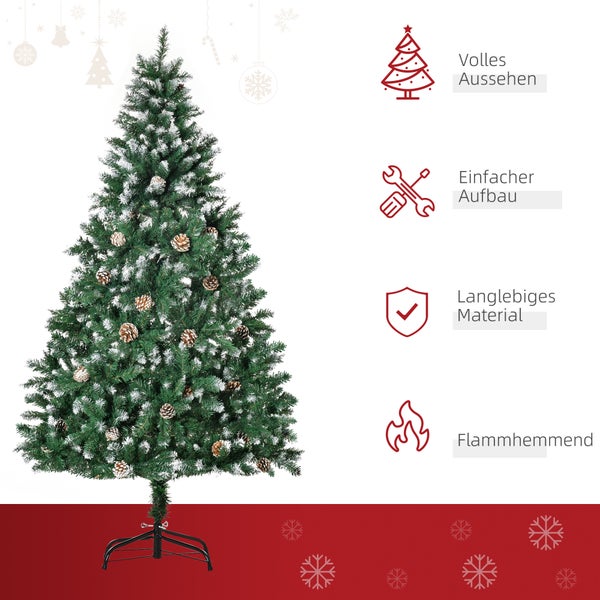 Künstlicher Weihnachtsbaum mit Tannenzapfen und verschneiten Spitzen, volles Aussehen, einfacher Aufbau, langlebiges Material und flammhemmend.