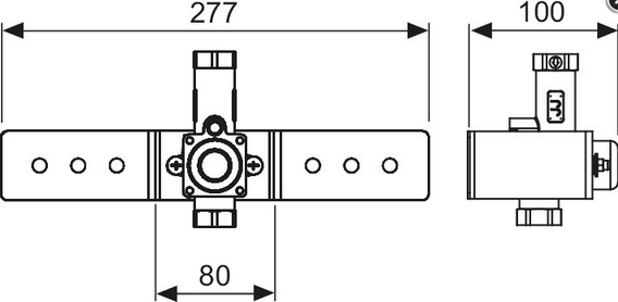 Technische Zeichnung einer Unterputz-Armatur mit Maßangaben: Breite 277 Millimeter, Tiefe 100 Millimeter und Anschlussabstand 80 Millimeter.