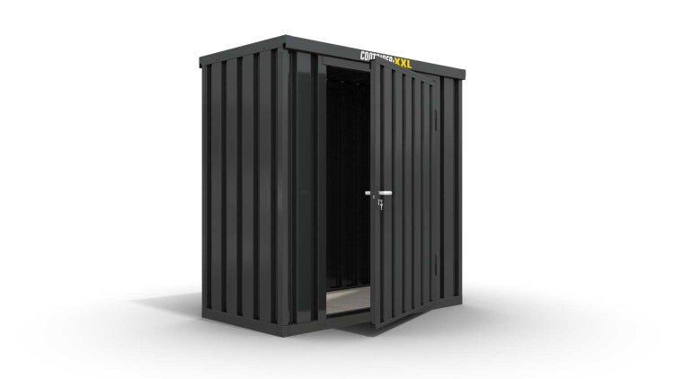 Lagercontainer Gerätehaus S  – 4 qm, H2150 x B2100 x T2170 mm, Außenwandlackierung anthrazit, Dach außen verzinkt, mit Holzfußboden, 1270 mm Einflügeltür mittig in Breitseite, montiert