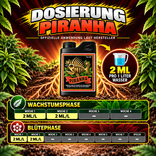 Dosierungstabelle für Piranha Pflanzendünger mit Anwendungshinweisen und Mengenangaben für die Wachstums- und Blütephase auf Erde.