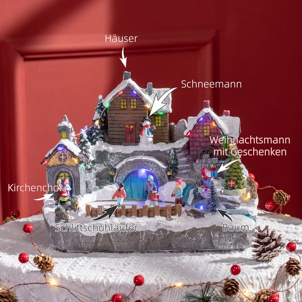 HOMCOM Weihnachtsdorf Tischdeko mit LED-Leuchtung Weihnachtsdeko Schlittschuhbahn Motiv mit beweglichen Kinder Weihnachten Village Winterlandschaft 32 x 25,5 x 24 cm