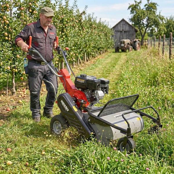 Ein Mann bedient eine Kehrmaschine in einem Obstgarten.