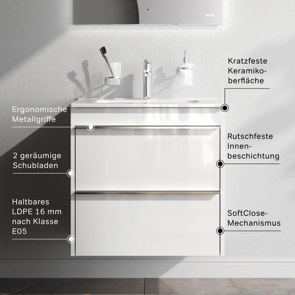 Waschtischunterschrank mit zwei Schubladen, kratzfester Keramikoberfläche, rutschfester Innenbeschichtung und Softclose Mechanismus