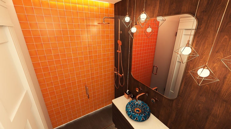 Badezimmer mit Dusche, Waschbecken und Beleuchtung