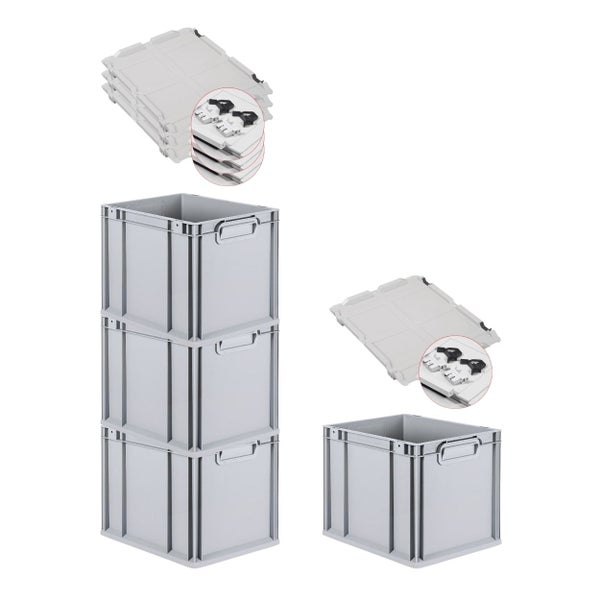 PROREGAL Spar Set 4x Eurobox Nextgen Economy Mit Scharnierdeckel & Schwarzen Schiebeschnappverschlüssen Griffe Geschlossen HxBxT 32 x 30 x 40 cm