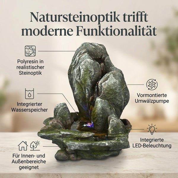 Zierbrunnen in Natursteinoptik aus Polyresin mit LED Beleuchtung, Umwälzpumpe und Wassertank, geeignet für den Innen- und Außenbereich.