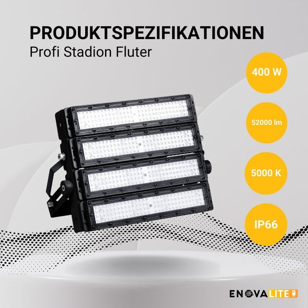 ENOVALITE Profi LED Stadion Fluter Flutlichtstrahler 400W 52000Lm 5000K Neutralweiß Strahler IP66 IK10 Meanwell Driver