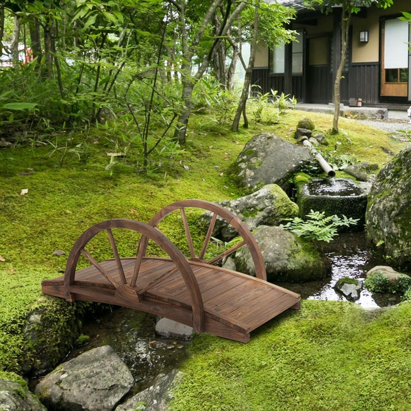 Outsunny Gartenbrücke aus Tannenholz, Holzbrücke mit Rad Design, Teichbrücke bis 150 kg belastbar, Zierbrücke Dekobrücke, Brücke für Garten Park Hinterhof 100 x 50 x 37 cm Verkohlt