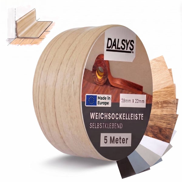Dalsys Weichsockelleiste selbstklebend 28 mm x 22 mm, 5 Meter Rolle in Holzoptik mit Anwendungsbeispiel und Farbmustern.