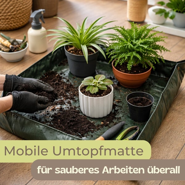 Zimmerpflanzen umtopfen auf einer mobilen, grünen Umtopfmatte mit Erde, Pflanztöpfen und Gartenwerkzeug auf Holzboden.