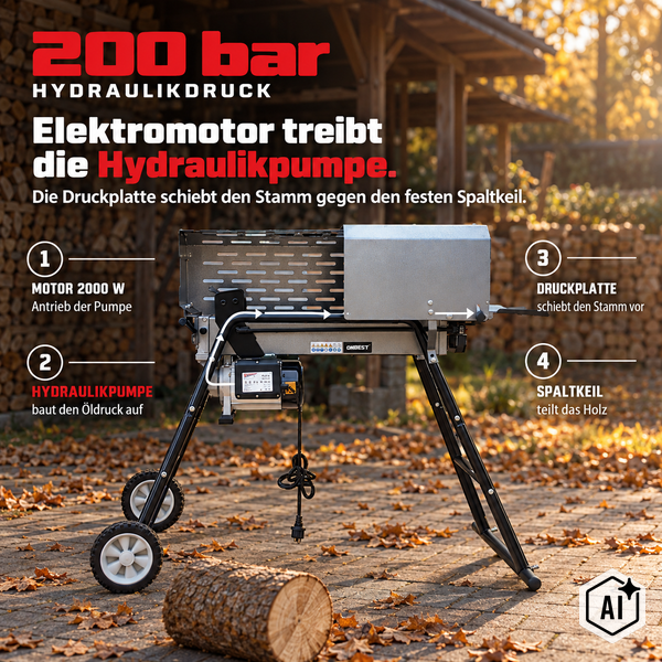 Funktionsweise eines elektrischen Holzspalters mit 200 bar Hydraulikdruck, 2000 Watt Motor, Druckplatte und Spaltkeil für effektives Holzspalten.