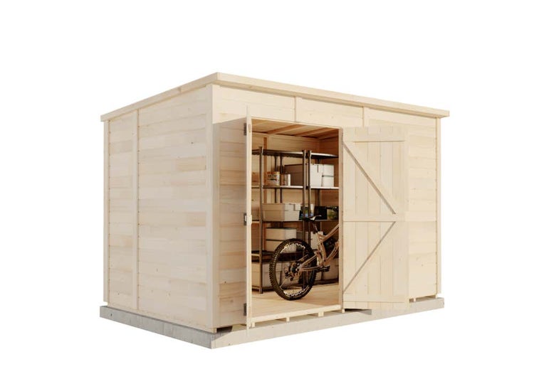 Gartenhaus aus hellem Holz mit Flachdach und geöffneter Doppeltür, Innenraum mit Schwerlastregal und einem Fahrrad.