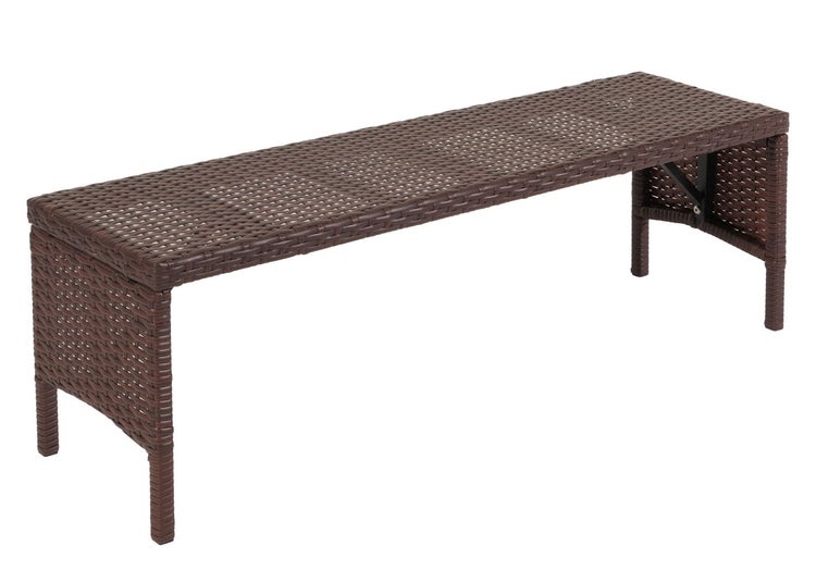 Klappbare Gartenbank aus braunem Polyrattan in rechteckiger Form.