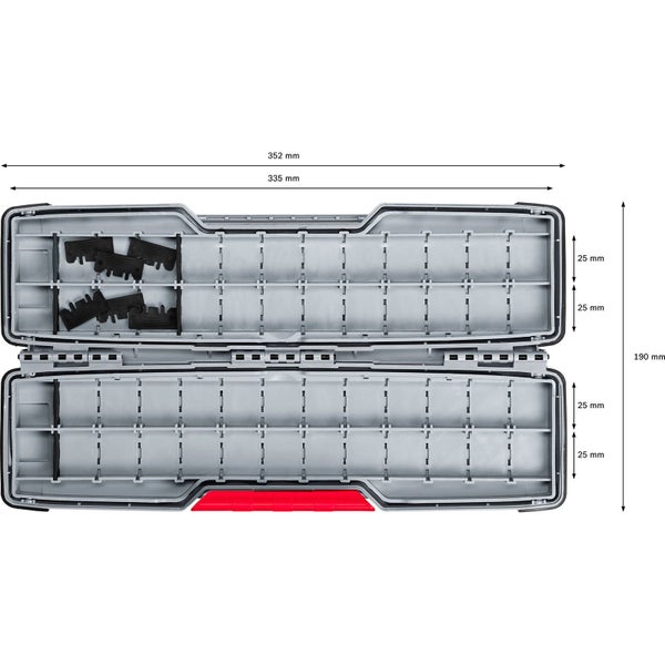 Geöffnete Werkzeugkiste mit Fächern und Größenangaben
