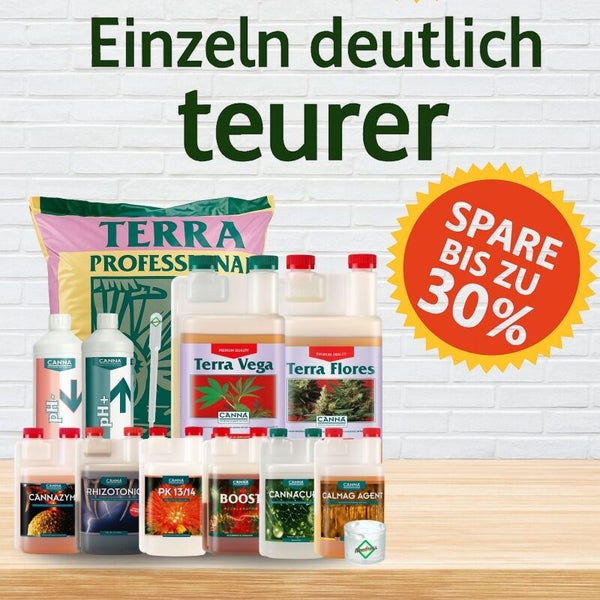 CANNA Set aus Dünger und Erde mit Terra Professional, Terra Vega, Terra Flores und Zusätzen mit bis zu 30 Prozent Preisersparnis.